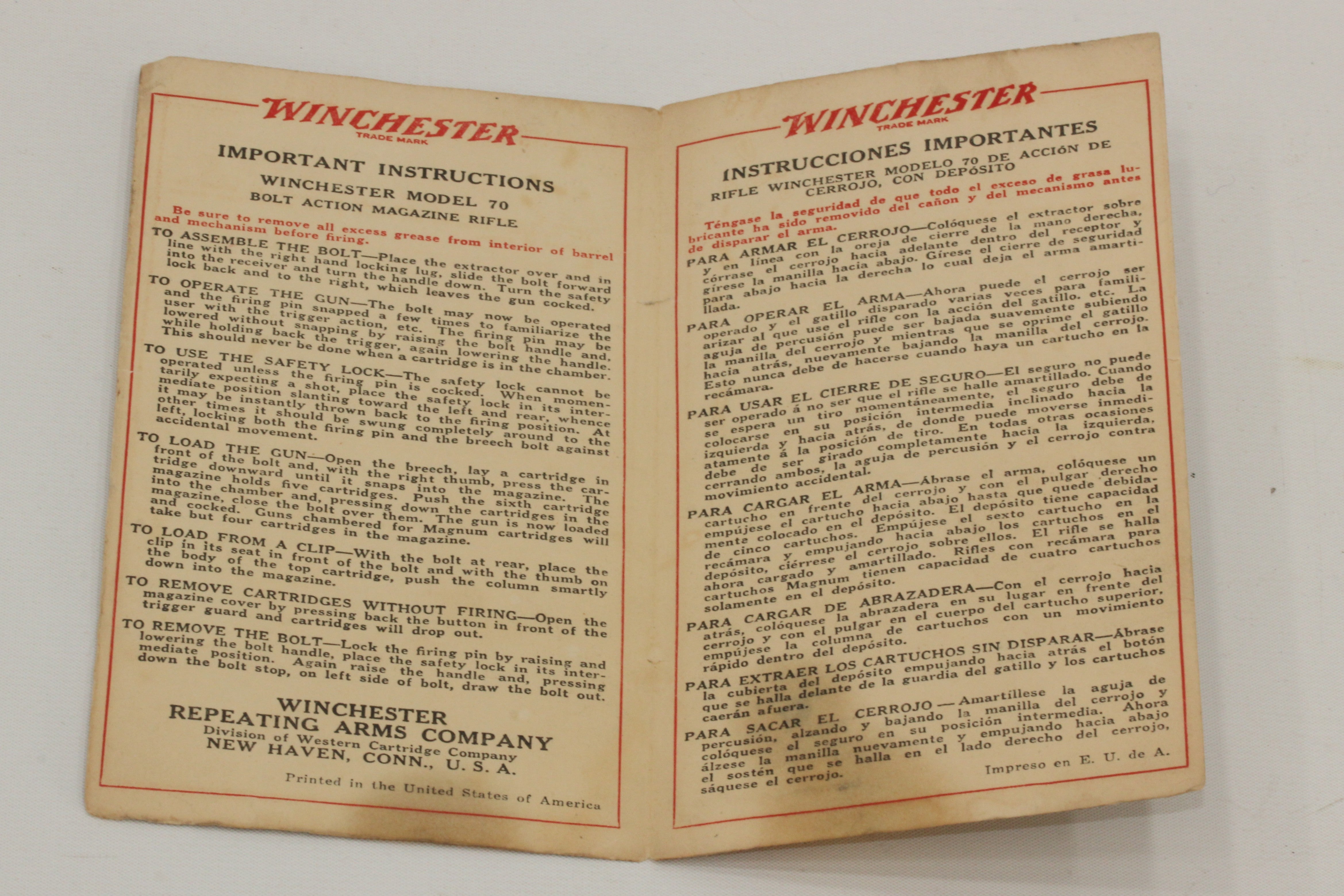 Winchester Model 70 "Important Instructions" Card