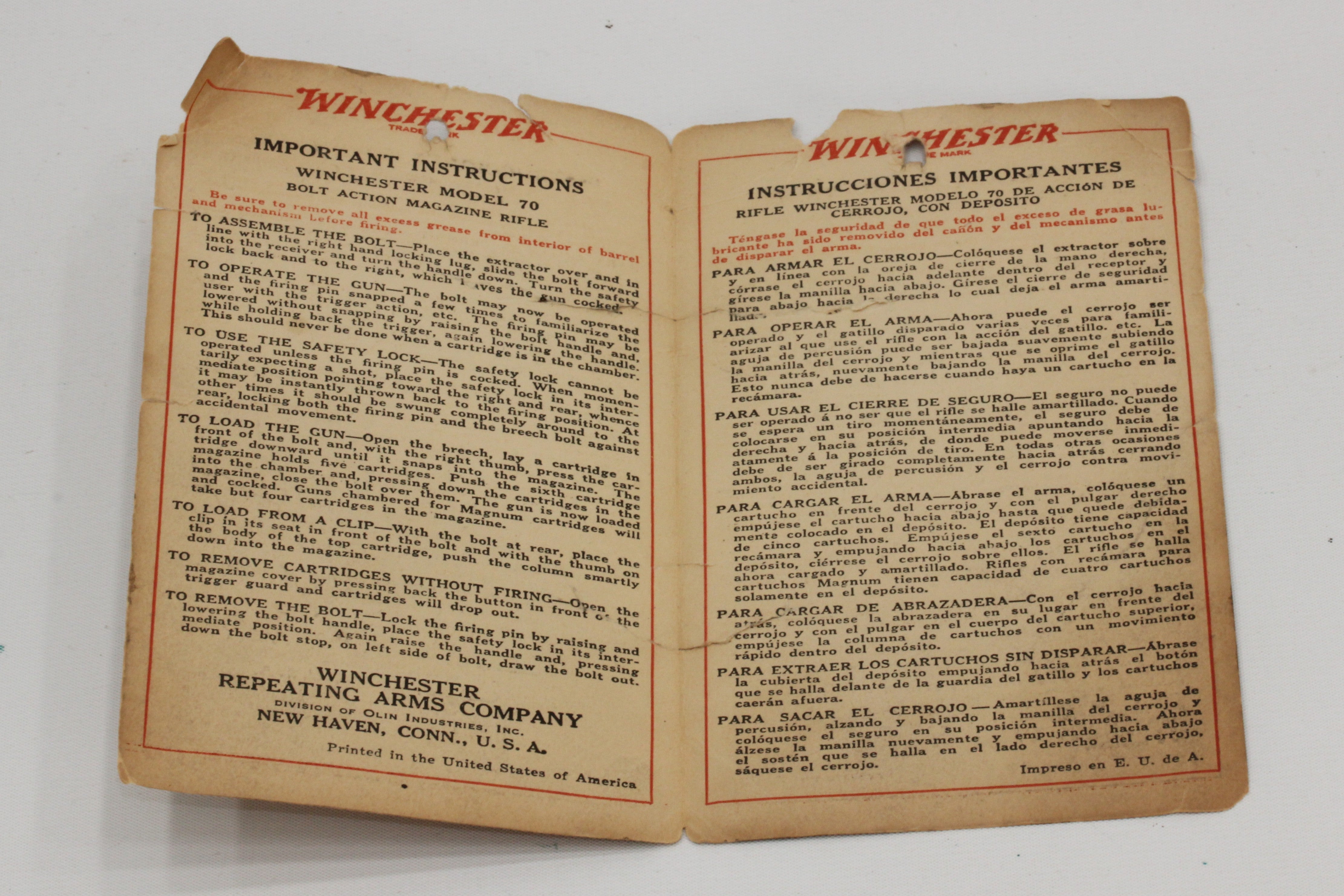 Winchester Model 70 "Important Instructions" Card