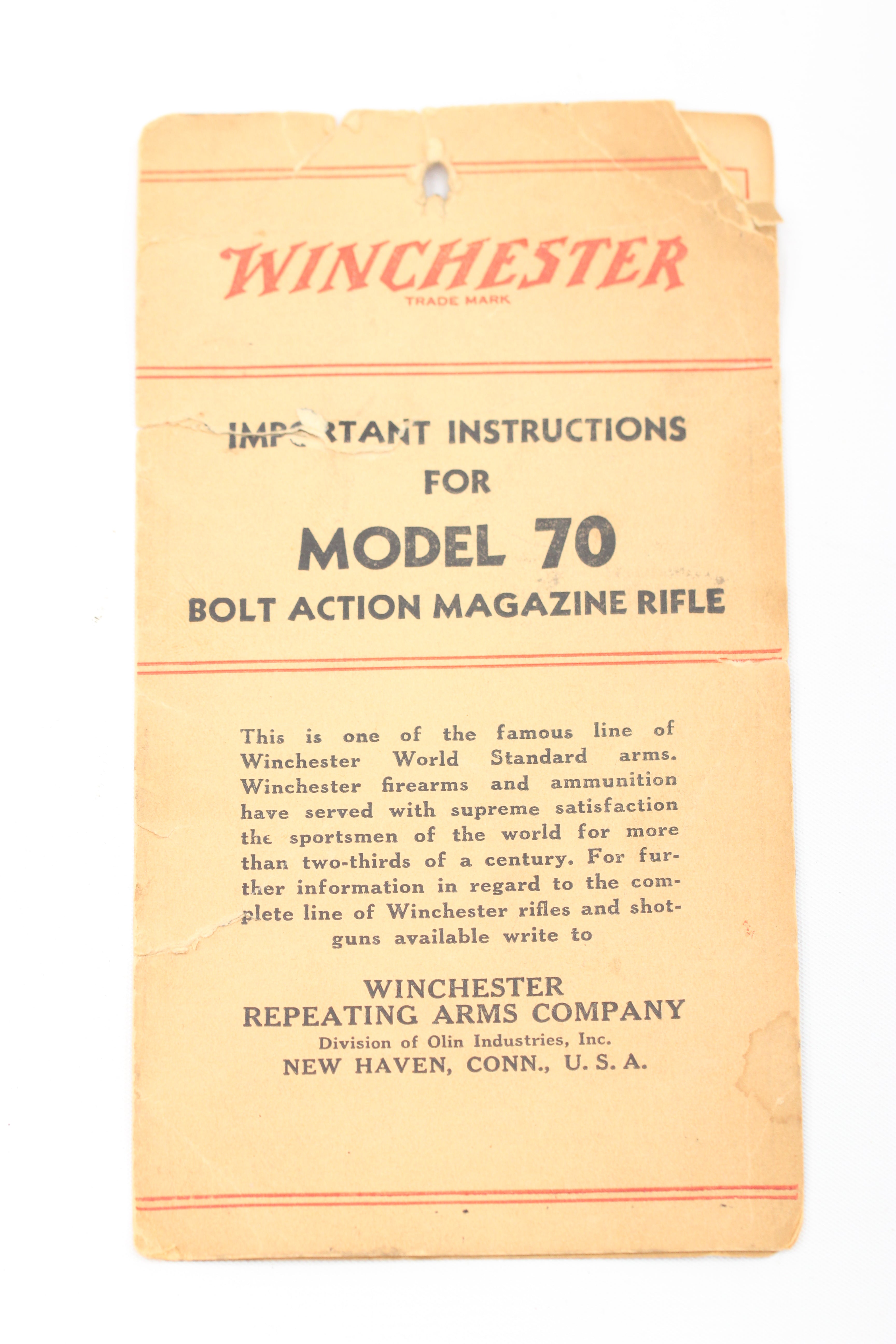 Winchester Model 70 "Important Instructions" Card - Spanish Edition