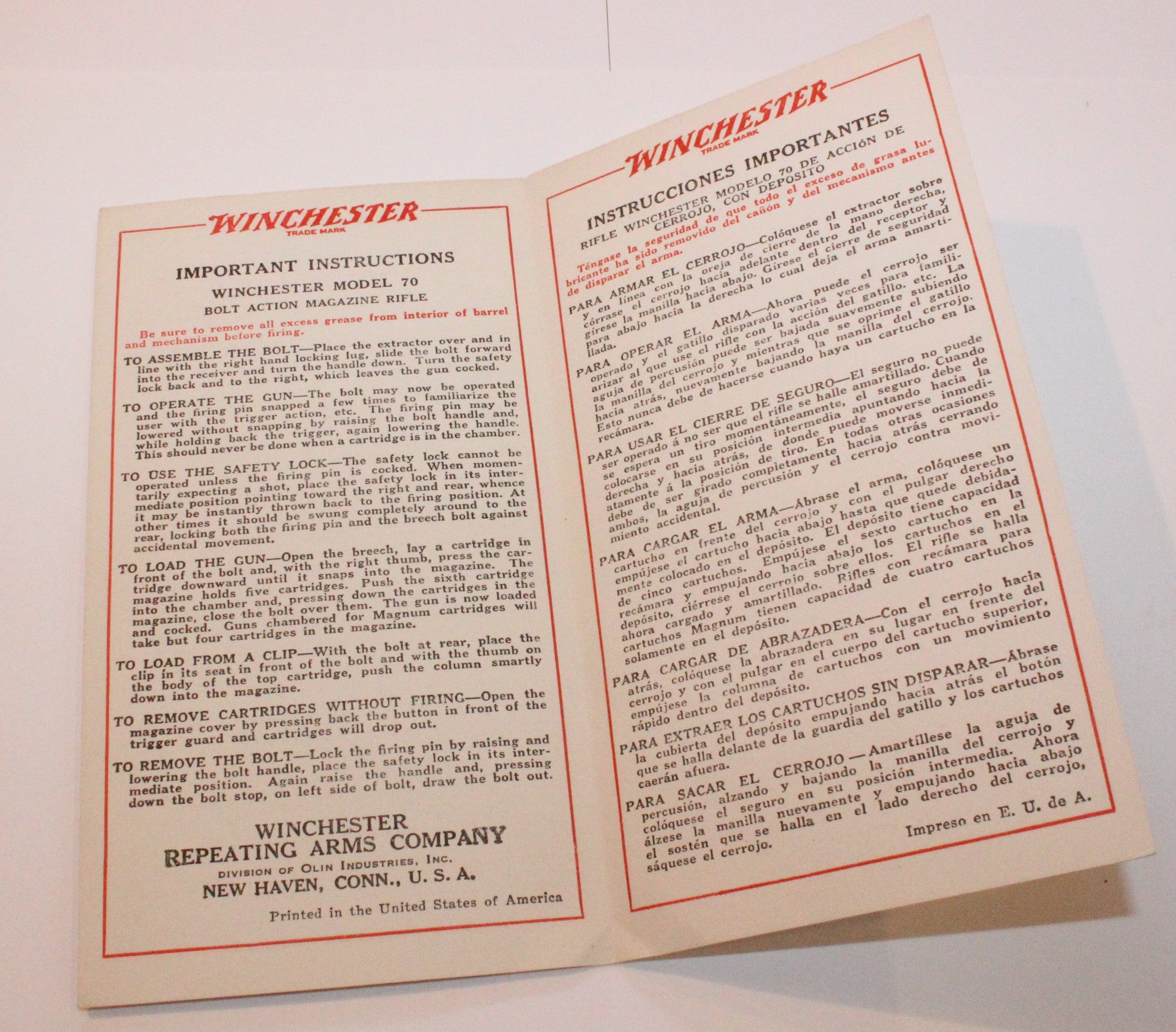 Winchester Model 70 "Important Instructions" English / Spanish Pamphlet